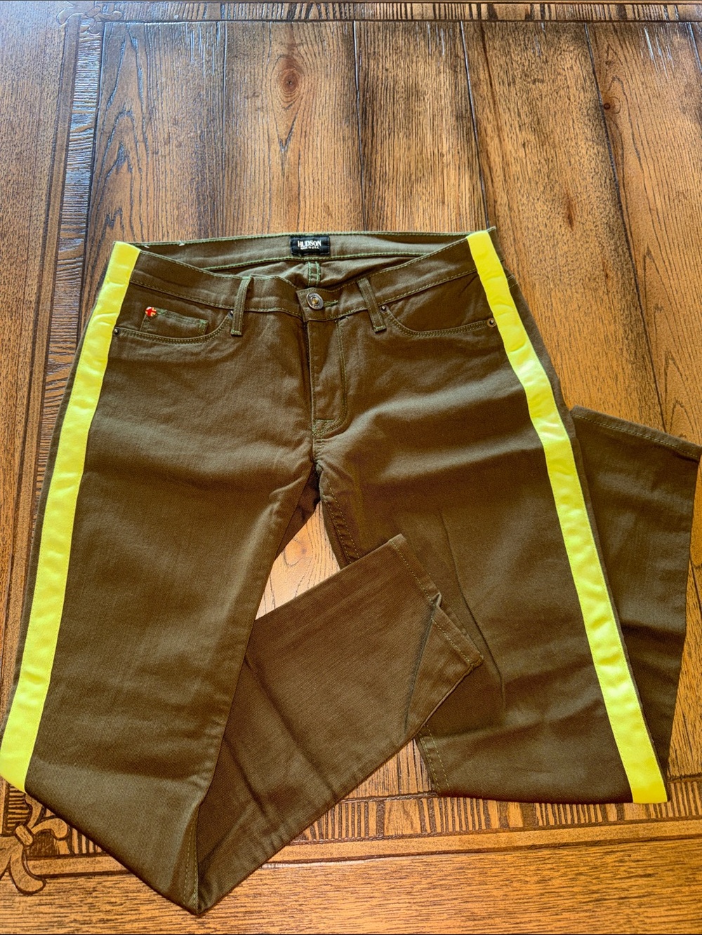 Hudson Jeans Olive Skinny Jeans with Yellow Side Stripe